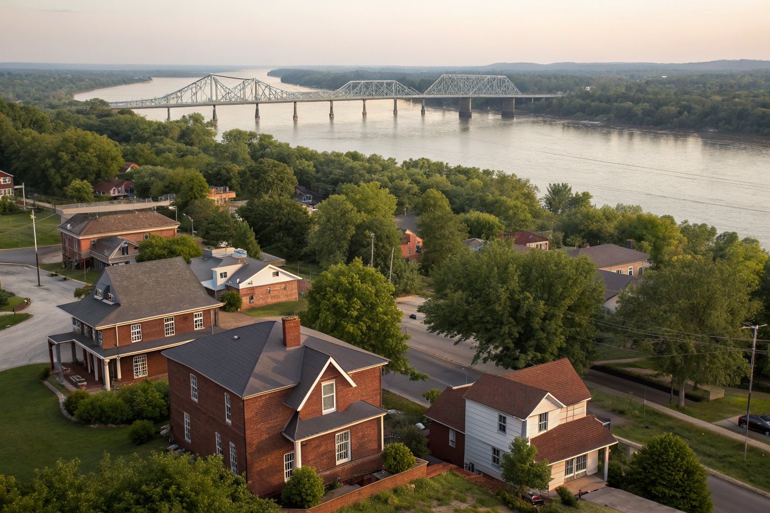 Aerial view of brick and frame homes with shingle roofs on a bluff above a wide river, steel truss bridges in the distance