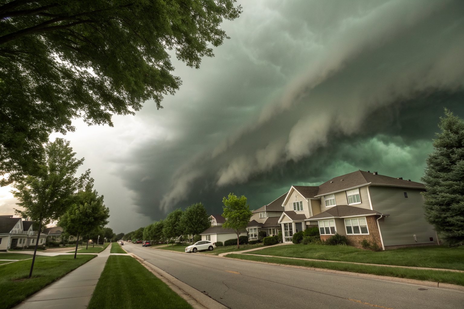 A dark green-gray shelf cloud rolling over a street of two-story homes as trees bend in the wind