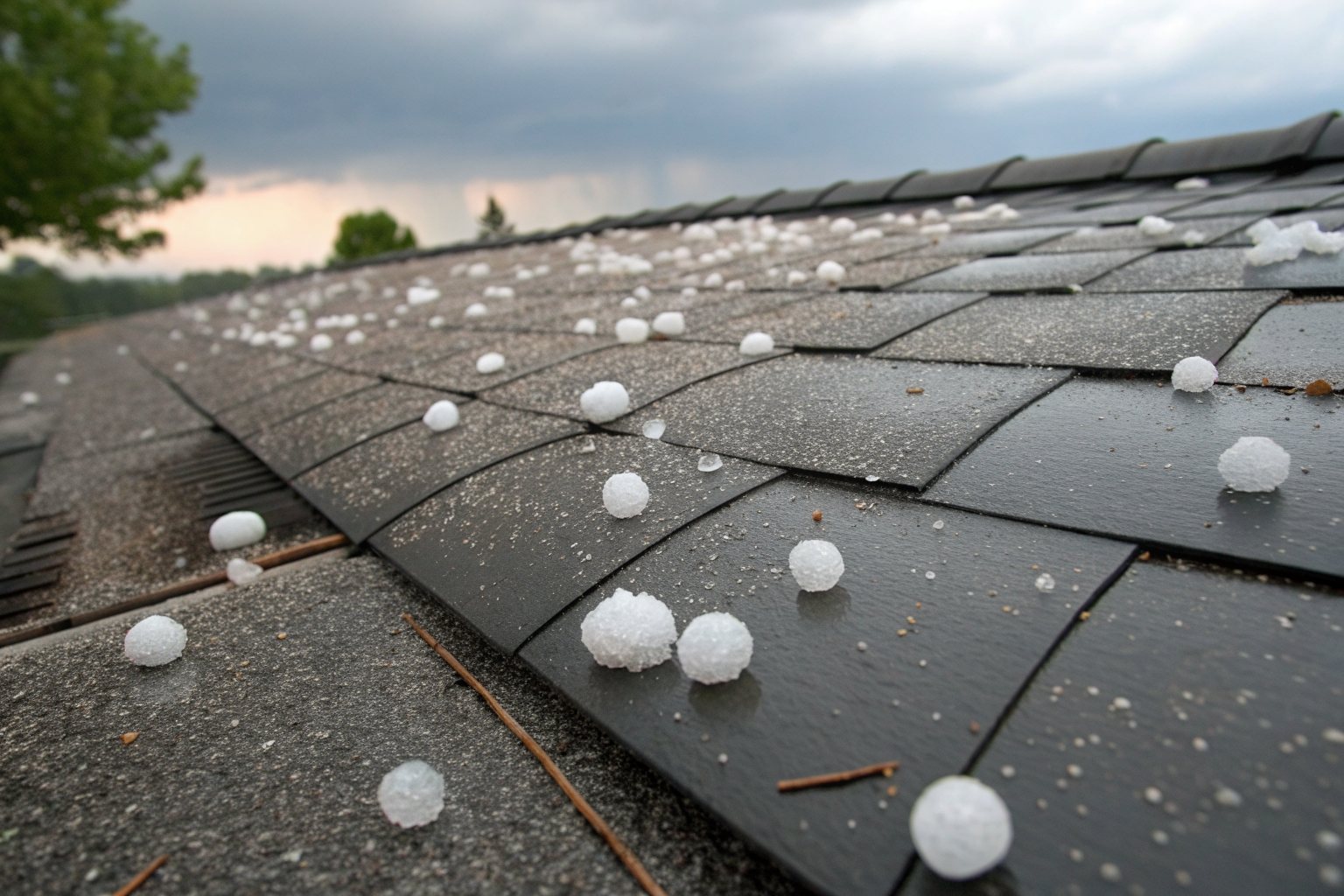 Golf-ball-size hailstones scattered across a wet dark gray shingle roof after a storm