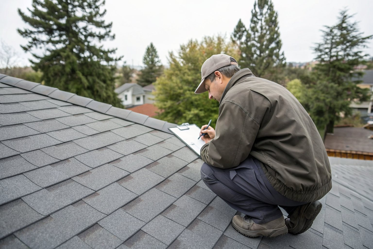 A roof inspector in a cap and work jacket crouching on a gray shingle roof and writing on a clipboard