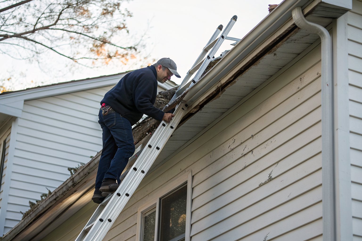 A roofer on an aluminum ladder checking the gutter and roof edge of a white-sided house