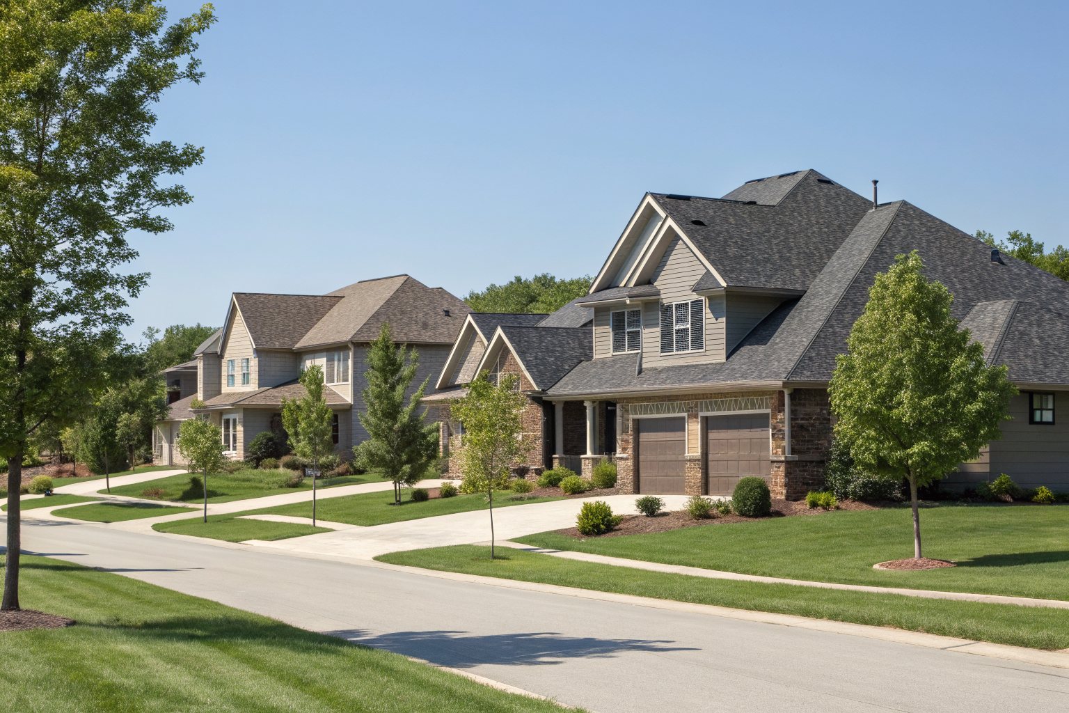 Newer two-story homes with gray and brown architectural shingle roofs around a curving suburban street