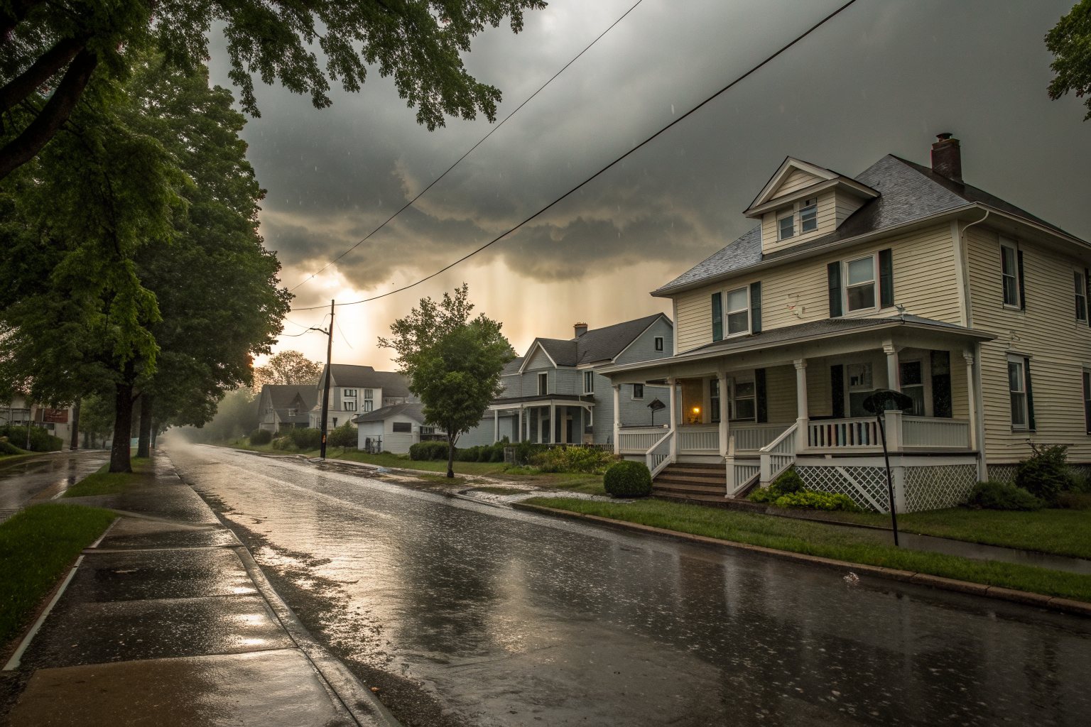 Heavy rain under dark clouds on a street of older frame houses with porches, the pavement shining wet