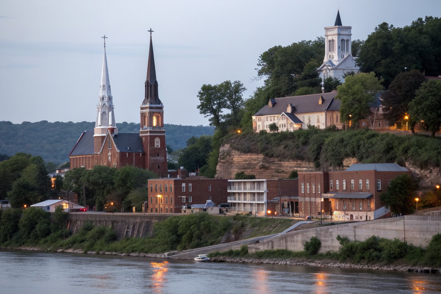 Church steeples and brick buildings climbing a wooded bluff above a calm river at dusk