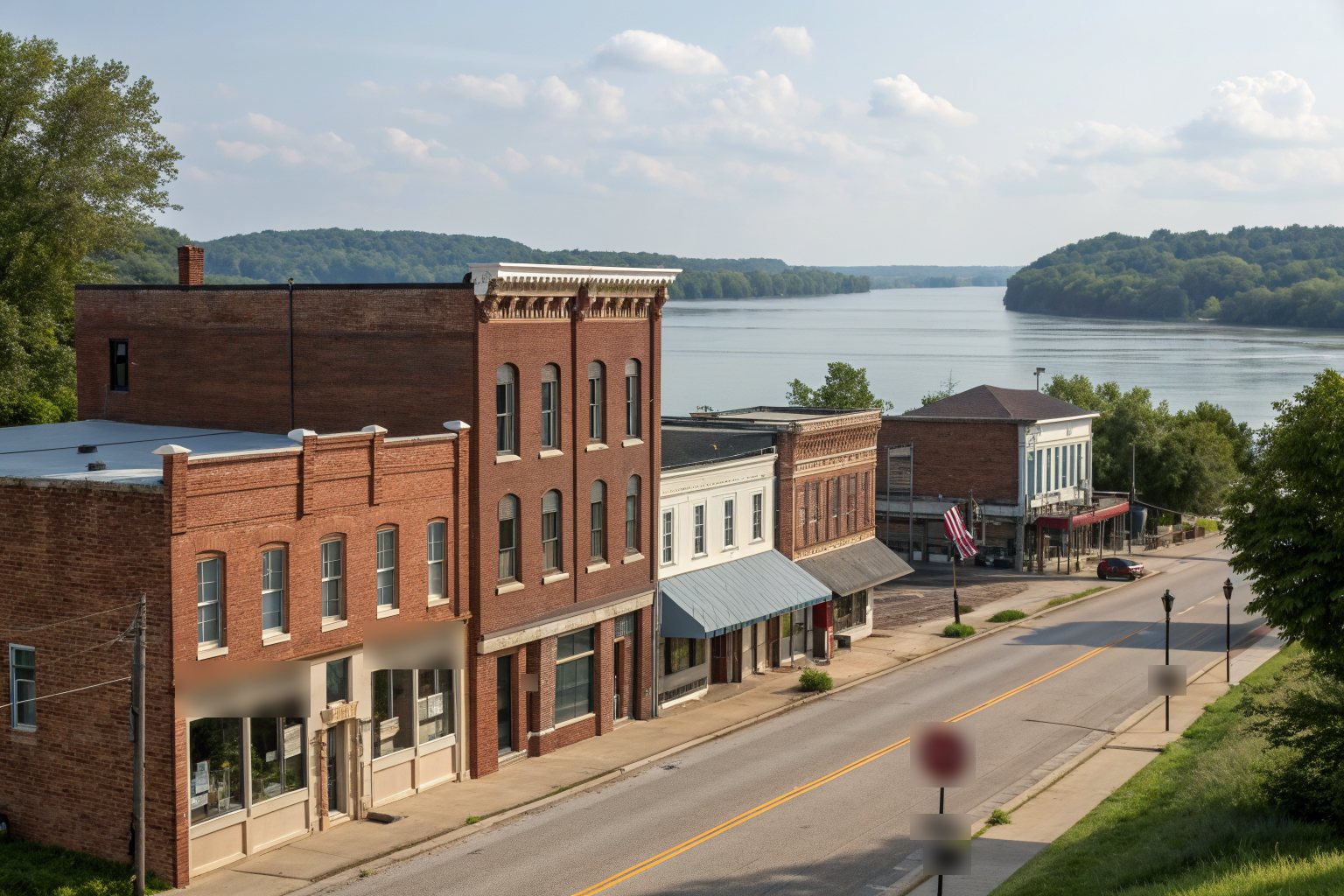 A river-town main street of 1800s brick storefronts with flat roofs, the Mississippi River beyond