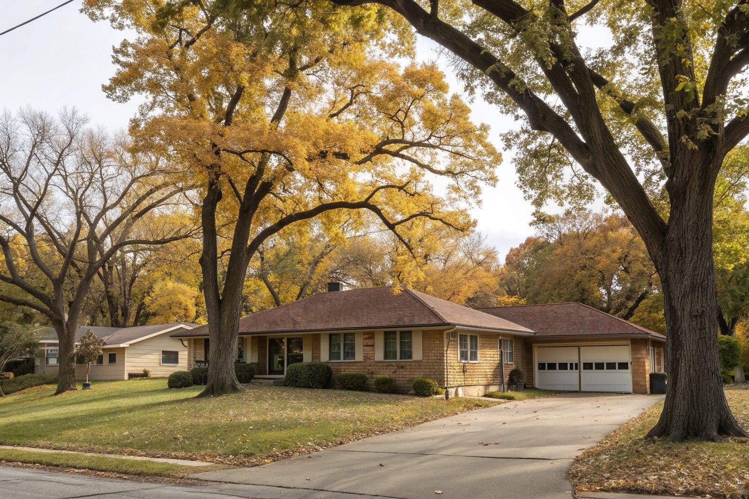 A long brick ranch house with a low brown shingle roof and attached garage under big autumn oak trees