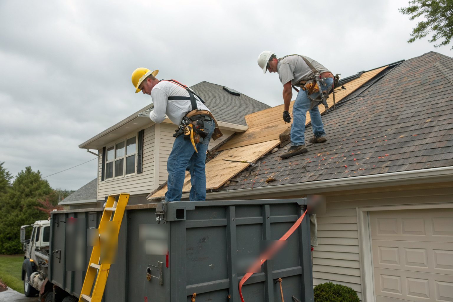 Two roofers in hard hats and harnesses tearing old shingles off a frame house down to the wood decking, a dumpster below