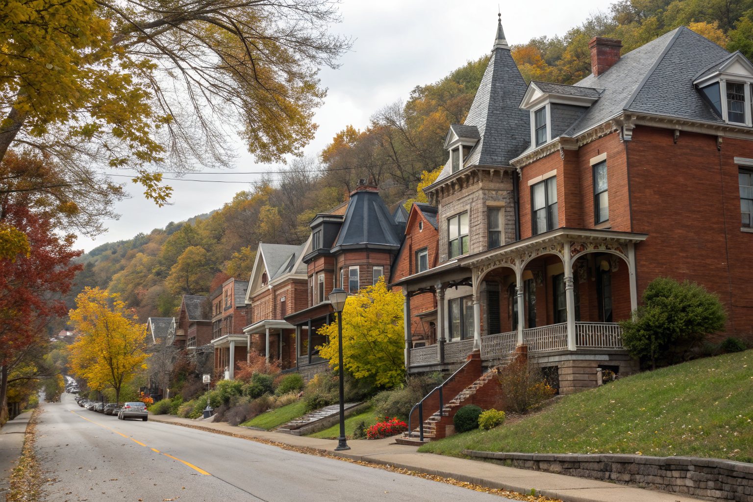 A row of Victorian and Italianate brick houses with steep slate roofs and turrets along a hillside street in autumn