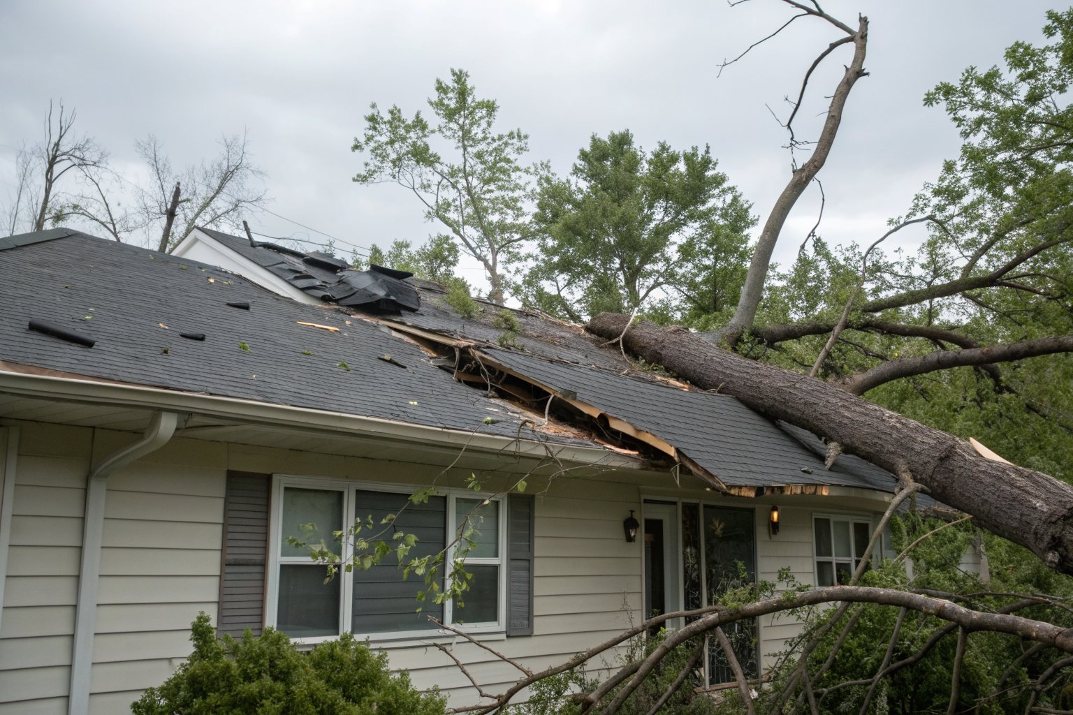 A fallen tree trunk across a house roof with torn and missing shingles after a windstorm
